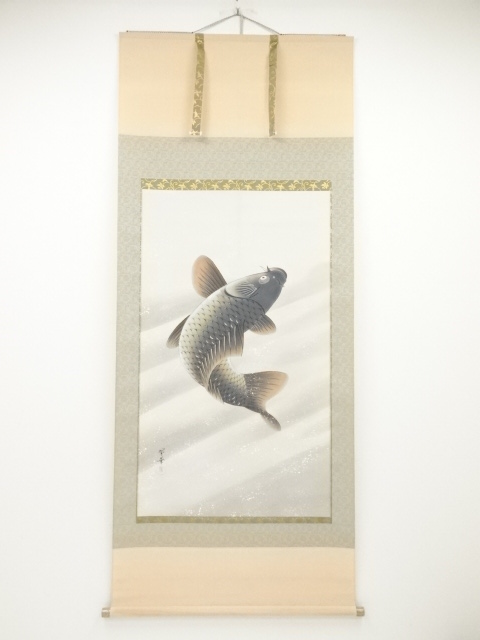 JAPANESE HANGING SCROLL / HAND PAINTED / JUMPING CARP